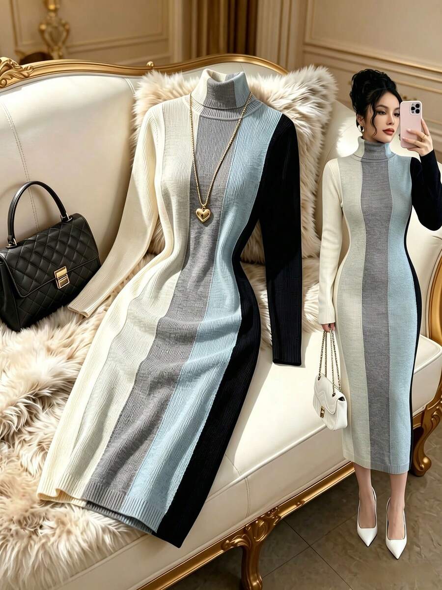 SHEIN Elenzya 女士撞色高领针织修身中长连衣裙,优雅时尚,适合秋冬季穿着 - 彩色 - 查看 1