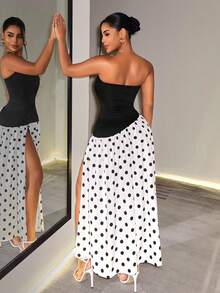 BamGleam Elegant Sexy Bandeau A-Line High Slit Polka Dot Patchwork Women's Dress Day Party Bar Party Black And White Polka Dot Summer - Black and White - View 2