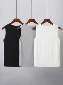 SHEIN 兒童 3 件組青少年男孩簡約時尚拼色熱帶棕櫚樹印花無袖上衣，適合夏季度假、春夏、日常穿著、運動、外出、學校、派對、假期、拍照等 - 彩色 - 查看 4