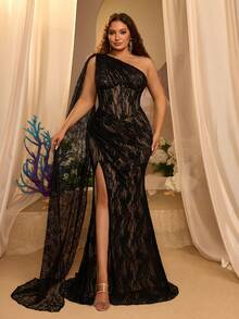 Glamrae Plus Size Elegant Black Sequin Lace Ruched One Shoulder Patchwork Flounce Trim Fitted Mermaid Hem Evening Gown For Party Date Ball Vacation Wedding - Black - View 10