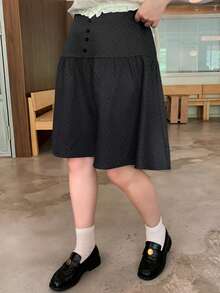 Dazy Plus 大尺碼女款波點學院風修身膝長 A 字休閒百搭裙，適合女孩校園穿著 - 深灰色 - 查看 3