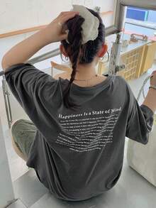 Dazy Plus 字母印花圖案寬鬆休閒百搭大尺碼女款春夏T恤校園風圖案短袖上衣 - 深灰色 - 查看 8