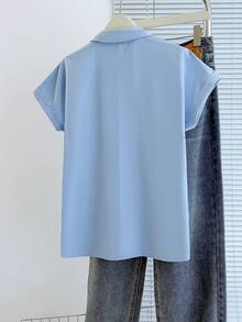 SHEIN PETITE 女款純色休閒百搭日常夏季襯衫 淺藍色 適合辦公 - 藍色 - 查看 2