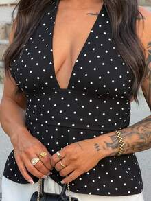 SAYEHFBABY Women Casual Minimalist Halter Deep V-Neck Polka Dot Top Wrap Back Top Summer Black - Black - View 5