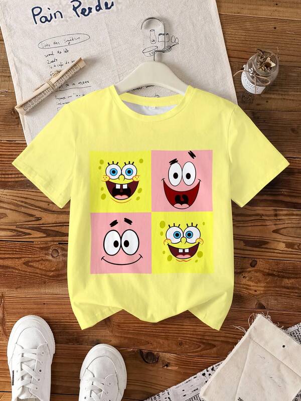 SpongeBob SquarePants | SHEIN Tween Girl Crew Neck Short Sleeve Casual T-Shirt