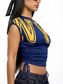 SUMWON WOMEN Off-Shoulder Ruched Side Drawstring Crop Top With NYC Varsity Letter Print - Navy Blue - View 3