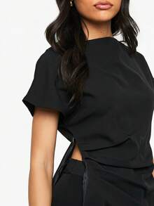 SHEIN BAE Spring/Summer Solid Black Short Sleeve Women's Elegant Pleated Fitted Satin Top, Elegant Women's Top Office - Black - View 4