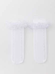 ROMWE Kawaii Calcetines tubo blancos para mujer con ribete de encaje y volantes calados - Blanco A11 - Ver 2