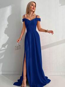 Cold Shoulder Split Thigh Dress - Blue - View 4
