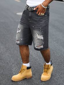 Manfinity EMRG Men's Black Distressed Ripped Paint Splatter Denim Shorts, Street Style Straight Leg Knee-Length - Black - View 3