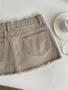 Elamini Distressed Ultra Low Waist Denim Mini Skirt - Khaki - View 6