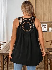 SHEIN CURVE+ 大尺碼百褶紋理V領簡約休閒背心 - 黑色 - 查看 2