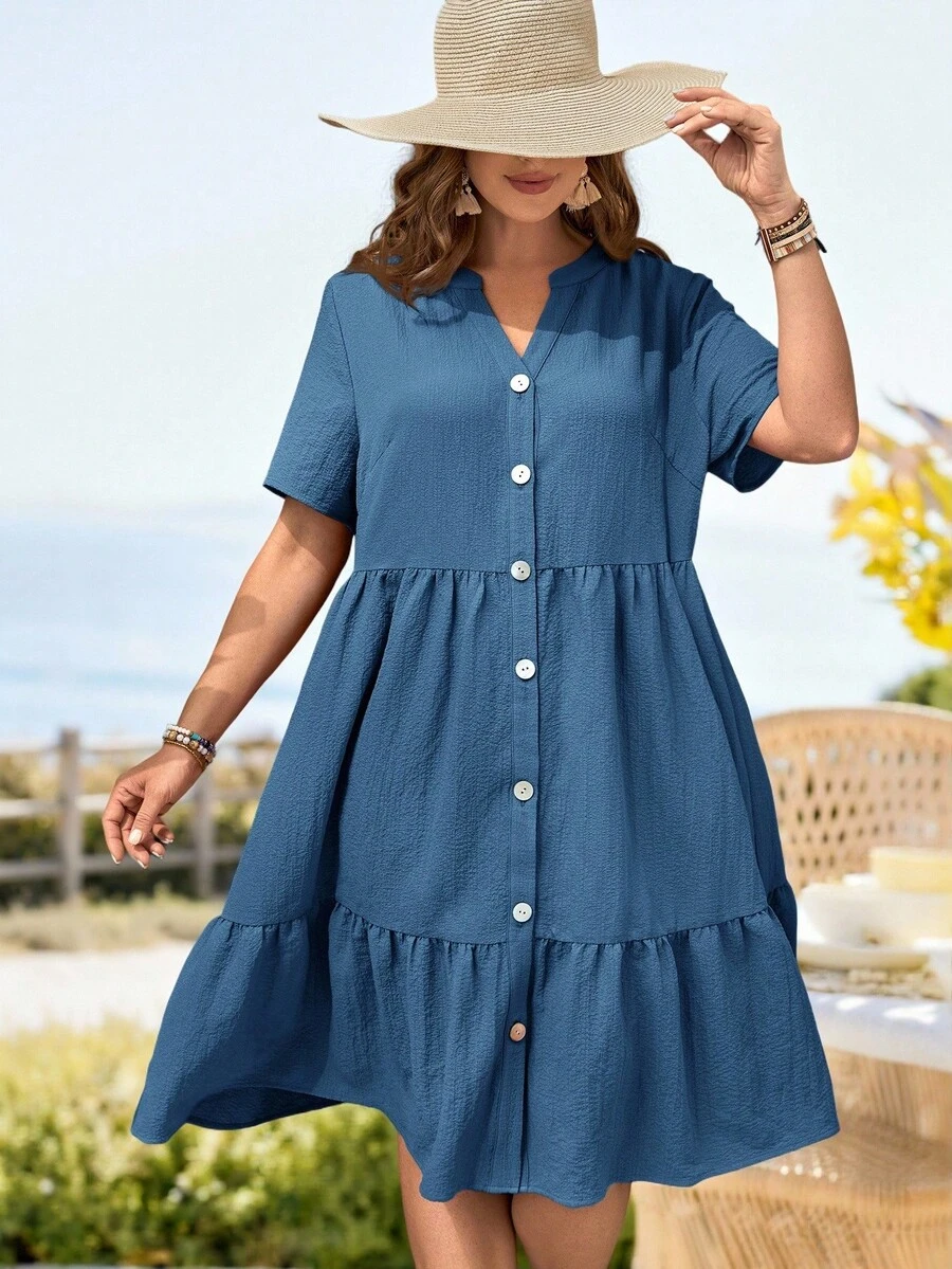 Rosumi Plus Size Solid Color Short Sleeve Dress With Notched Neckline And Ruffled Hem - Dusty Blue - View 1
