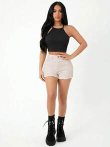 SHEIN PETITE 夏季休閒百搭純色修身牛仔短褲 - 卡其色 - 查看 4