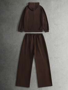Coolqubz 2pcs Men's Teen Street Style Baggy Minimalist Hooded Open Front Knit Cardigan Pants Set, Contrast Color Design, Casual Sports Fall Beach - Coffee Brown - View 2