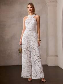 MOTF PREMIUM FASHIONABLE WAIST-CINCHED SLIMMING 3D FLORAL CROSS DESIGN WOMEN'S JUMPSUIT - White - View 1