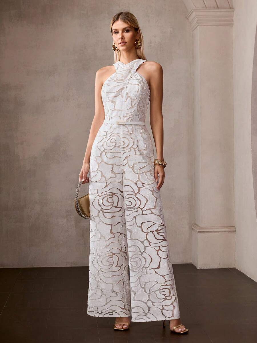 MOTF PREMIUM FASHIONABLE WAIST-CINCHED SLIMMING 3D FLORAL CROSS DESIGN WOMEN'S JUMPSUIT - White - View 1