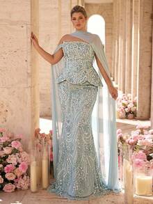 Glamrae Plus Size Elegant Classy Formal Luxurious Dusty Blue Cold Shoulder Hanging Sleeve 3D Floral Bead Sequin Lace Sexy Mermaid Evening Dress Wedding Winter - Baby Blue - View 11