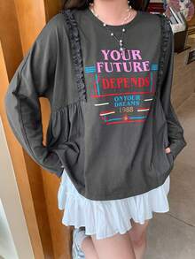 Dazy Plus Colorful Letter Print Patchwork Frill Trim Loose Long Sleeve Casual T-Shirt For Girls, Spring Summer Plus Size Autumn Graphic Tees Cute Tops Oversized - Dark Grey - View 4