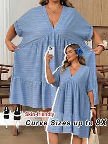 SHEIN CURVE+ 大尺碼女款夏季V領蝙蝠袖紋理娃娃洋裝 - 黑色 - 查看 1