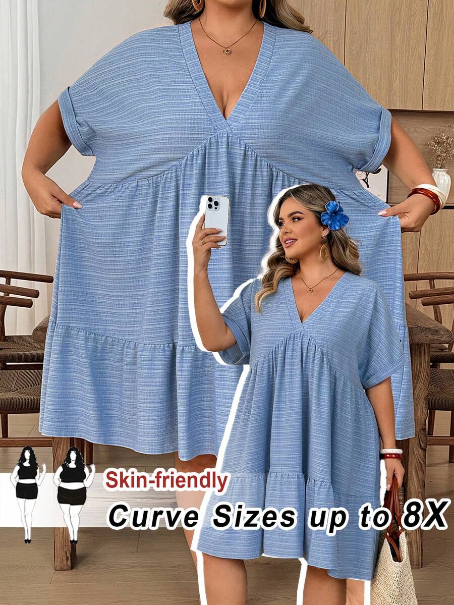 SHEIN CURVE+ 大尺碼女款夏季V領蝙蝠袖紋理娃娃洋裝 - 黑色 - 查看 1