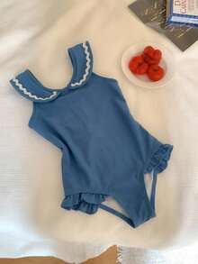DAZY Baby Girl Casual Button Contrast Color Ruffle One-Piece Swimsuit Versatile Summer Toddler - Blue - View 4