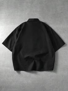 ROMWE MEN Men's Street Print Frog Button Loose Collar Shirt - Black - View 3
