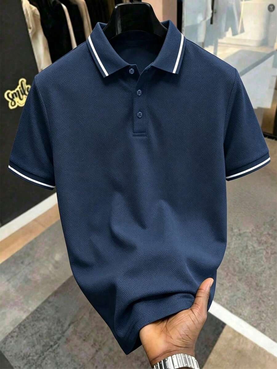 Manfinity Homme 大尺碼男士純色對比滾邊休閒時尚百搭 Polo 衫 - 藏蓝色 - 查看 1