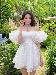 SHEIN MOD Women's Solid Color Off Shoulder Puff Sleeve Dress, Graduation Dress - White - View 1