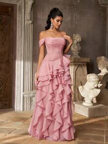 Aureia Elegant Glamorous Fashionable Dark Pink Lace Patchwork Organza Ruffle Ruched Bust Layered Ruffle A-Line Women's Formal Evening Gown - Pink - View 7