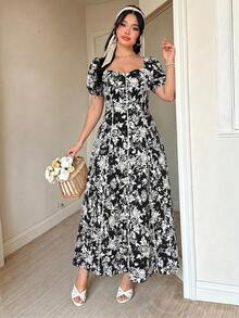 FleurLily Random Print Plus Size Spring/Summer Women's Dress, 1920s Black Floral, Square Neck Puff Sleeve, Lace Patchwork A-Line Long Wedding Evening - Black - View 4