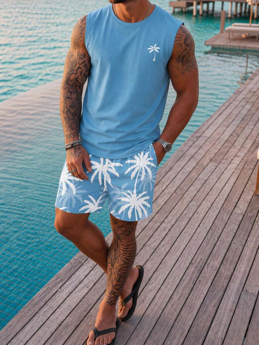 VIVINTIMO Men's Regular Fit Casual Vacation Coconut Tree Print Tank Top Set - Blue - View 1