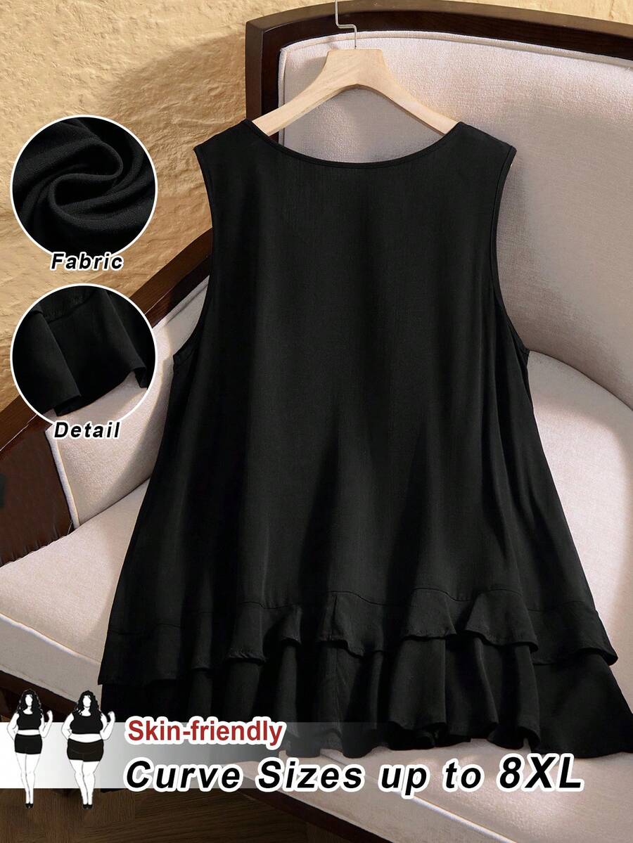 SHEIN CURVE+ 大码女式纯色圆领宽松褶皱休闲上衣 - 黑色 - 查看 1