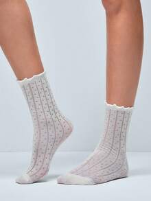 Softvol 1 Pair Polka Dot Ruffle Trim Ankle Socks - Japanese Lace Edge Mid-Calf Socks, Create Versatile School Girl Style - White - View 7
