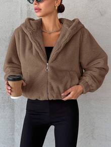 SHEIN Cottnline Chaqueta De Mujer Con Capucha Y Cordón De Felpa - Marrón Mocha - Ver 5