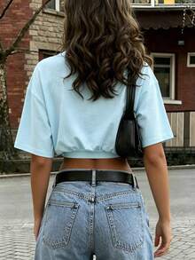 Rovax Loose Fit Cropped Crew Neck Drop Shoulder Short Sleeve Top - Multicolor - View 2