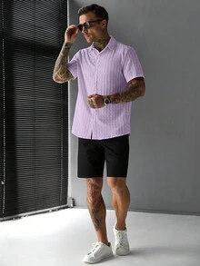 SLATEMANN Men's Solid Color Single-Breasted Casual Short Sleeve Shirt - Purple - View 6