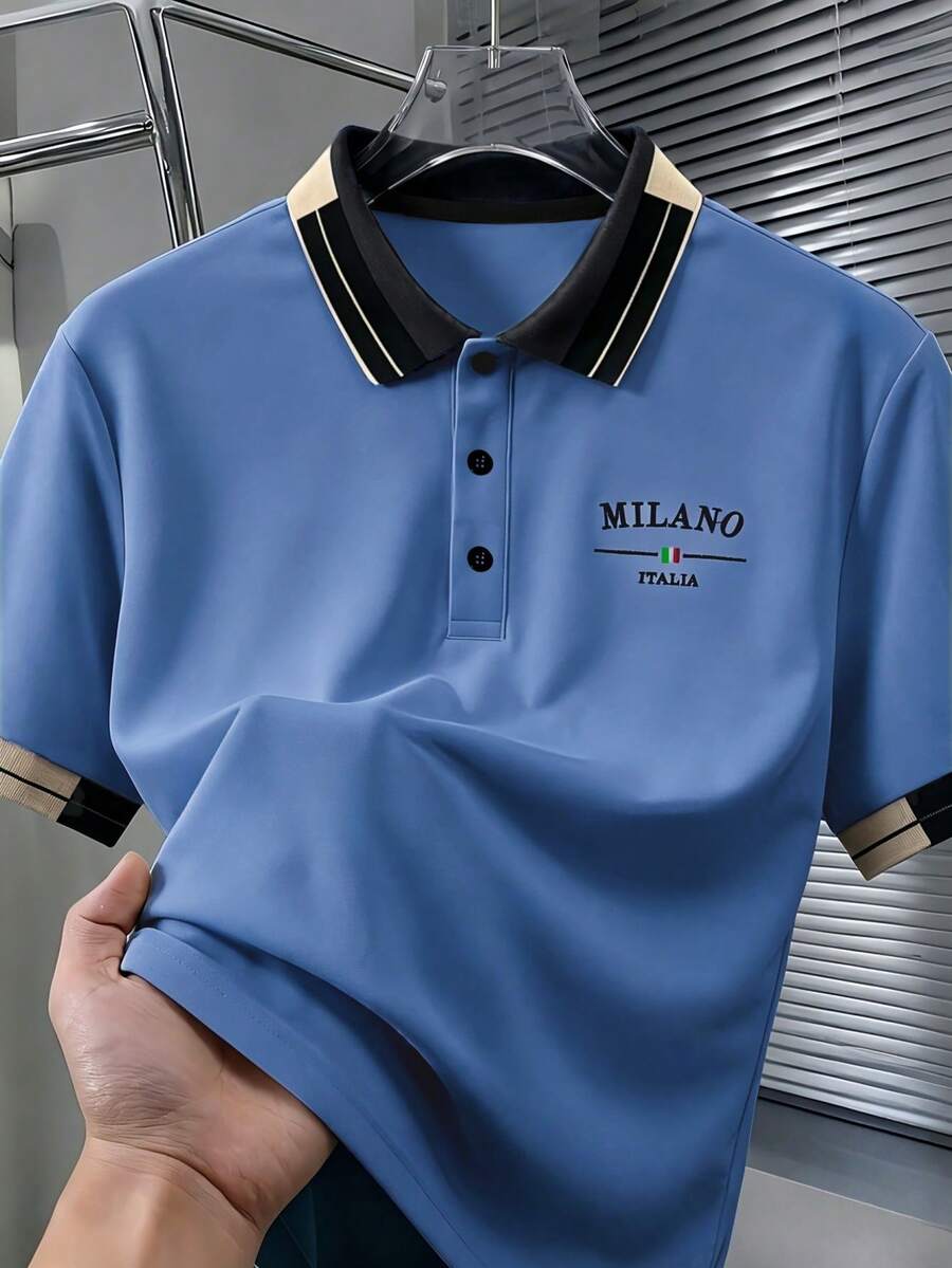 Calvornis 男士珠飾刺繡羅紋領短袖休閒 Polo 衫 - 藍色 - 查看 1