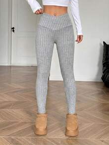 SHEIN Tall CURVE Leggings de cintura ancha con superposición sólida, ropa de primavera talla grande - Gris - Ver 6