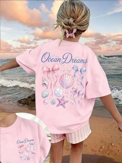 Set de 2 piese pentru fete tween, casual, cu model tropical minimalist și desen animat, tricou cu mânecă scurtă și pantaloni scurți, potrivit pentru vacanța de vară, roz și alb