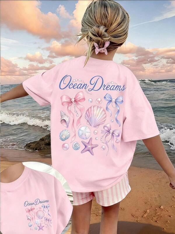 Tween Girl Casual Cute Y2k Tropical Minimalist Cartoon Pattern Short Sleeve Shorts 2 Pieces Set Summer Hot Pink Checked Beach Holiday Vacation