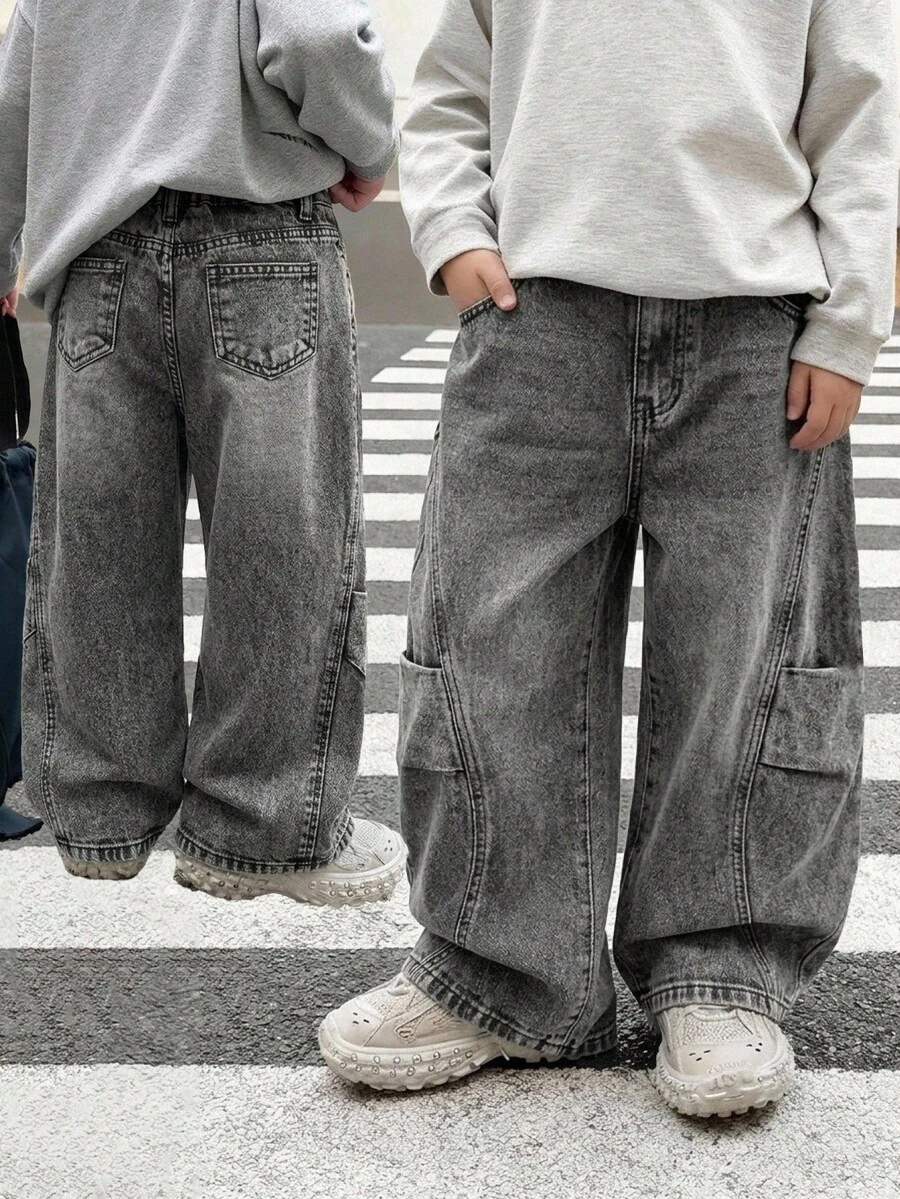 SHEIN 男童 (小號) 灰色寬鬆寬腿牛仔褲,適合日常穿著 - 淺灰色 - 查看 1