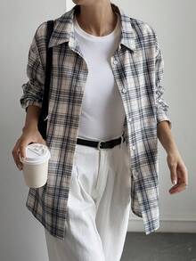 DAZY 女款寬鬆休閒復古開襟襯衫，領口長袖鈕扣式，卡其藍格紋棉質面料，外套 - 黑與白 - 查看 5