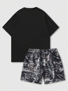 ROMWE MEN Men's Plus Size Character Print T-Shirt And Branch Print Shorts Set - Black - View 2