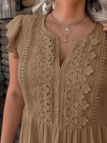 SHEIN LUNE Plus Size Summer Casual Solid Color Lace Patchwork Dress - Brown - View 7