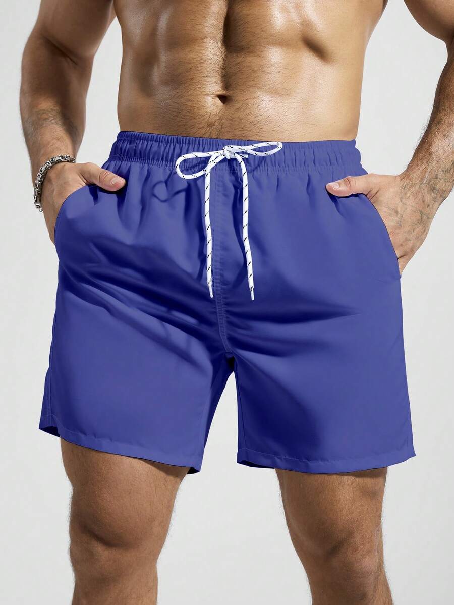 Manfinity KASUA Men's Solid Color Drawstring Waist Pocket Casual Beach Shorts - Royal Blue - View 1