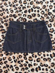 Elamini Festival Size Denim Women's Summer Blue Non-Stretch Striped Mini Skirt - Medium Wash - View 1