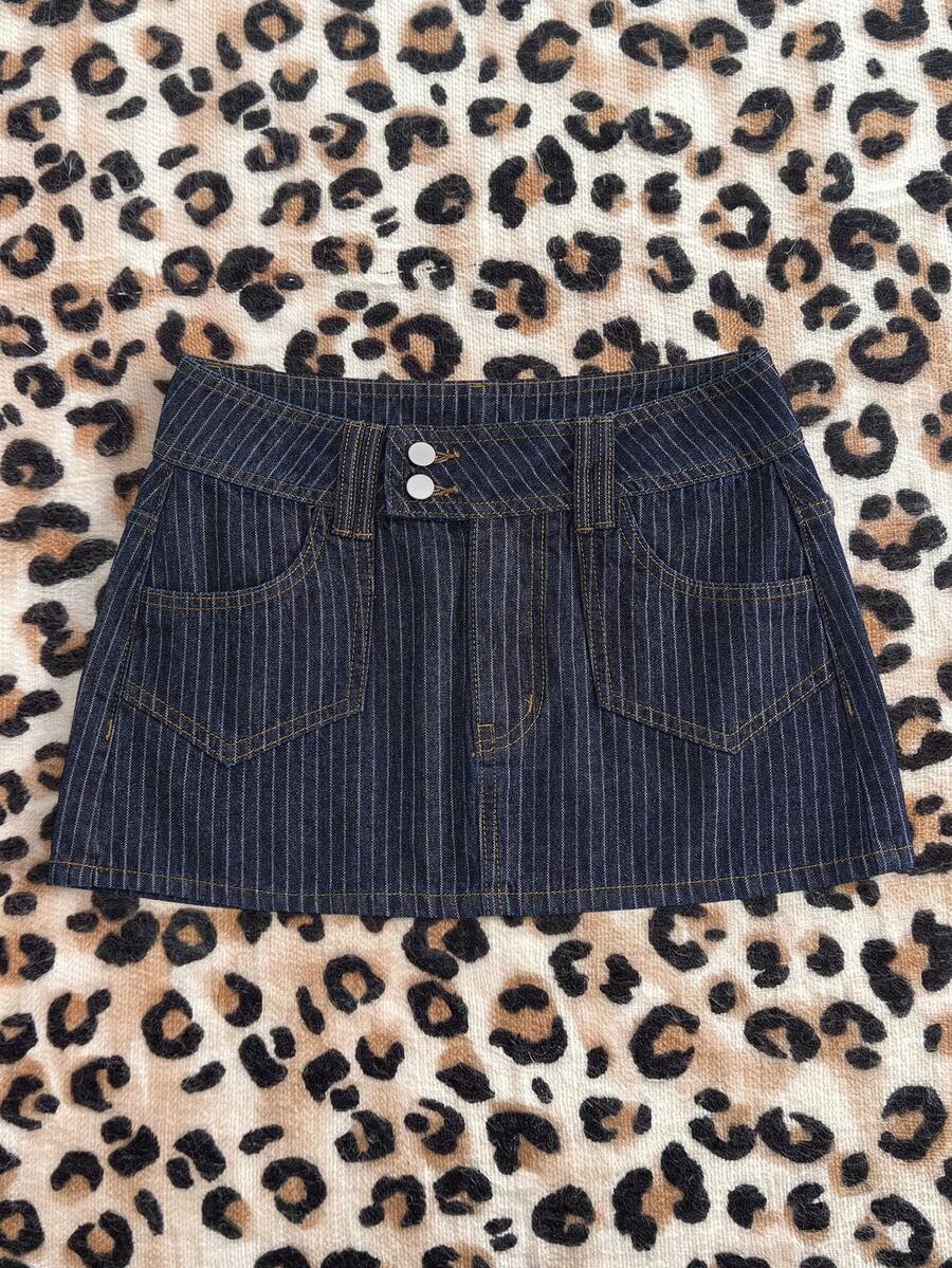 Elamini Festival Size Denim Women's Summer Blue Non-Stretch Striped Mini Skirt - Medium Wash - View 1