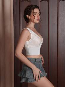 Myrelith 1件女款白色蕾絲拼接塑形上衣 - 白色 - 查看 4