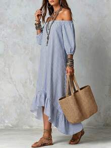 Hotletica Women's Off-Shoulder Blue And White Stripe 3/4 Sleeve Square Neck Lantern Sleeve Ruffle Hem Midi Dress, Casual Coastal Romantic Elegant, Summer, Sexy - Multicolor - View 7